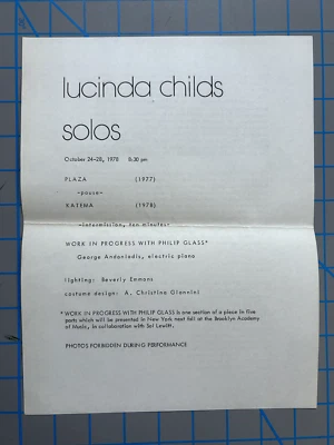 Lucinda Childs Philip Glass Sol Lewitt the Kitchen Dance 1978 Program  - Image 1 of 2