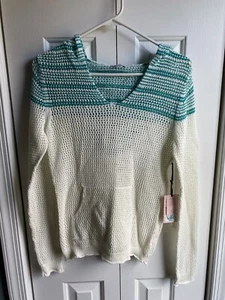 Juicy Couture Women's Teal and White Crochet Knit Hooded Sweater Size Large NWT - Picture 1 of 9