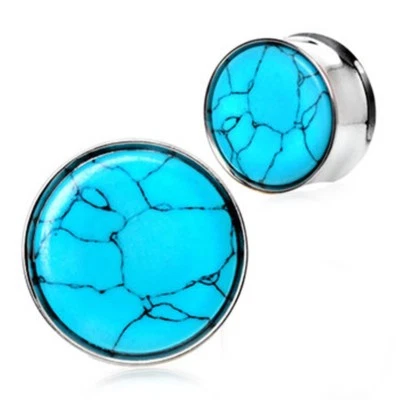 PAIR-Turquoise Stone Inlay Steel Double Flare Ear Plugs 05mm/4 Gauge  - Image 1 of 4