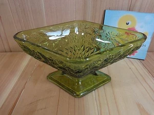 FOOTED CANDY DISH Green Depression Glass 7" Diamond Shaped With Floral Design - Picture 1 of 5