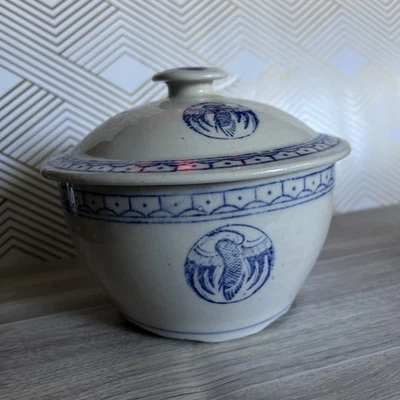 Vintage Chinese Porcelain Serving Bowl W/Lid Crane Design Blue & White Medium - Image 1 of 4