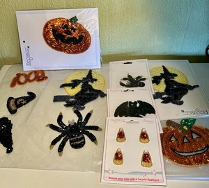 Lot of ( 14) Vintage Halloween Appliqués Sequin Beaded Patch -Witch Cat Bat Etc - Picture 1 of 12