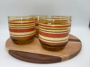 Vintage MCM Anchor Hocking Set of 4 Juice Glasses Amber Glass, Red/Brown Stripes - Picture 1 of 5