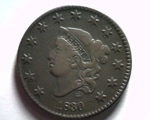 1830 CORONET TYPE LARGE CENT PENNY FINE / VERY FINE F/VF N.2 RARITY 2+ NICE COIN - Picture 1 of 2