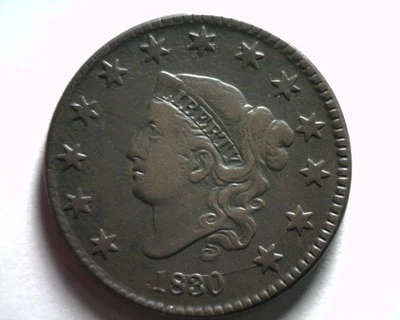 1830 CORONET TYPE LARGE CENT PENNY FINE / VERY FINE F/VF N.2 RARITY 2+ NICE COIN - Image 1 of 2