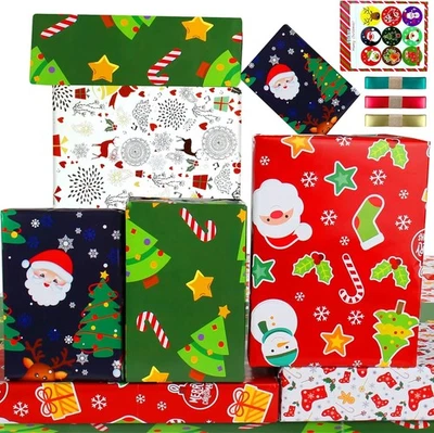 Kids Christmas Wrapping Paper Sheets Children Gift Green,Red,White,Blue  - Image 1 of 4