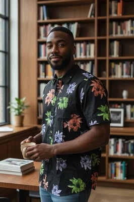 Matix Men's Short Sleeve Button Shirt Medium Black Bold Floral Design Pocket - Image 1 of 4