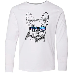 Inktastic French Bulldog Portrait With Sunglasses Youth Long Sleeve T-Shirt Pets - Picture 1 of 3