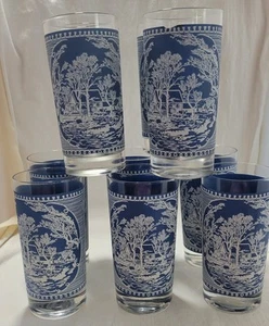 10Currier & Ives Vintage Royal Blue Tumblers Frosted 12oz Old Grist Mill Glasses - Picture 1 of 12