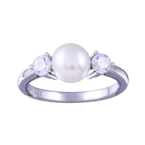 Rhodium Plated 925 Sterling Silver Simulated Pearl Clear CZ Ring Band Sizes 5-9 - Picture 1 of 4