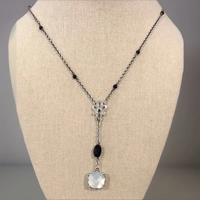 PANDORA Sincerity Sterling Silver Y Drop Mother of Pearl & Onyx Necklace 18” - Image 1 of 4