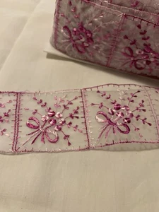 ❤️Sheer Organza Floral Embroidered Pink/mauve Flowers Trim Sewing BTY - Picture 1 of 6