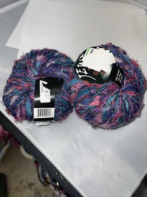 2 Joyas Hilado Madejas Lana, Nylon, Cupro, 96 yardas Azul Púrpura Rosa, Metálico Foto 1 de 3
