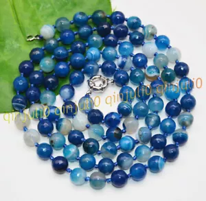 Faceted 6/8/10mm Blue Striped Agate Gemstone Round Beads Necklaces 16-65'' - Picture 1 of 14