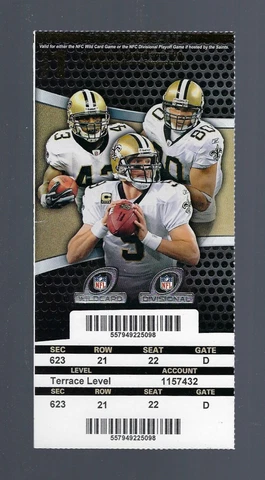DREW BREES 466 YARDS 3 TDs - LIONS @ SAINTS 2011-2012 NFL PLAYOFFS FULL TICKET Cover