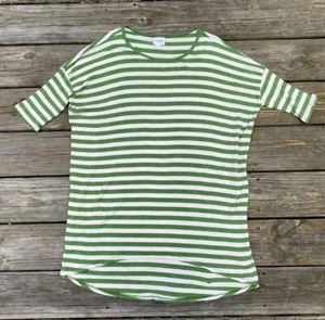 Lularoe Irma blouse ribbed Tan Green stripes hi lo hem Rayon spandex sz medium - Picture 1 of 8
