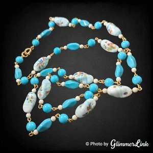 Collana Vintage Blu Teal Giapponese Tombo Millefiori Vetro Perline Filo Tono Oro - Foto 1 di 9