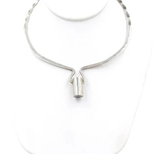 Modernist Hammered Sterling Tube Pendant Choker Necklace Vintage Flat Sterling - Picture 1 of 7