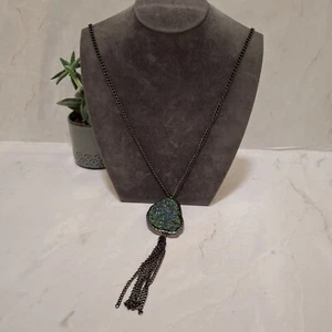 Petrol Faux Geode Pendant Necklace Tassel Long Gunmetal Chain Quirky - Picture 1 of 22
