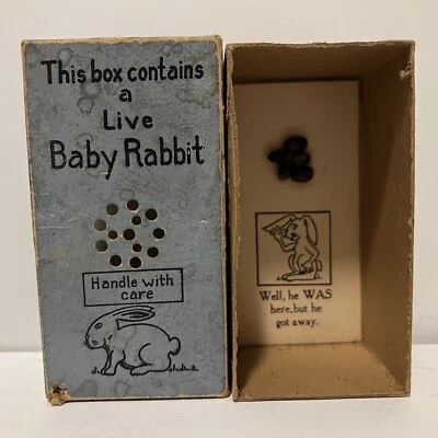 Esta caja contiene una broma de conejo bebé vivo mordaza regalo 1939 Foto 1 de 4