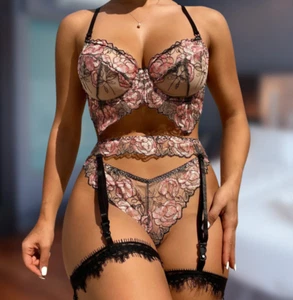 5pcs Sheer Pink & Black Floral Embroidered Bra,Panty, Garter Lingerie Set CUSTOM - Picture 1 of 5