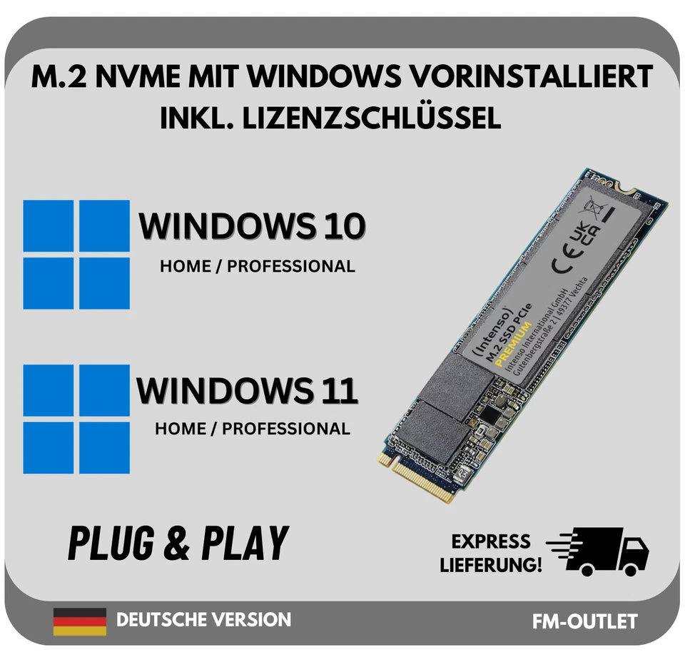 NVMe M.2 SSD Festplatte vorinstallierten Windows 10  Windows 11 PC 2100Mb/s - Bild 1 von 1