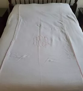 Vintage Leron Quilted Monogrammed Bedspread Coverlet White w/Pink Trim 85" x 62" - Picture 1 of 6