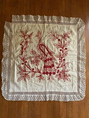 Vintage Antique Handmade Embroidery With Lace Ecru With Red Peacock 30.5"x31.5" - Image 1 of 4