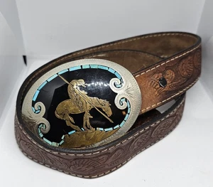 Vntg Johnson & Held Belt & Buckle  End Trail Indian Blue Inlay Western Cowboy 36 - Picture 1 of 7