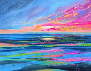 Original Acrylic Painting. Hand-Painted Canvas. Sunset Ocean Seascape. 11x14 Art - Picture 1 of 6