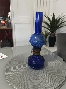 Cobalt Blue Patterned Glass Oil Lamp - Picture 1 of 5