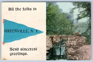1913 GREENVILLE NEW YORK NY ANTIQUE PENNANT POSTCARD - Imagen 1 de 2