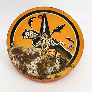 JOUET VINTAGE ANNÉES 1940 EN MÉTAL AMÉRICAIN LITHO MFG SORCIÈRE CHAUVES-SOURIS CITROUILLES HALLOWEEN NOISE MAKER - Photo 1/9