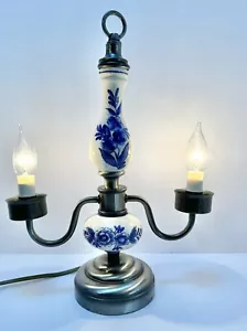 VTG 1960s BLUE WHITE FLORAL DESIGN PORCELAIN Candelabra STYLE CANDLE Table Lamp - Picture 1 of 18