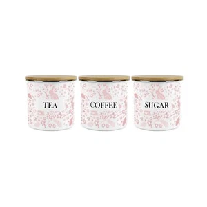 Pink Rabbits Tea, Coffee & Sugar Canister Set - Enamel Kitchen Storage Gift - Picture 1 of 3