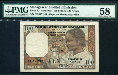 Madagascar 1961, 100 Francs (20 Ariary), P52, PMG 58 AUNC - Image 1 of 2