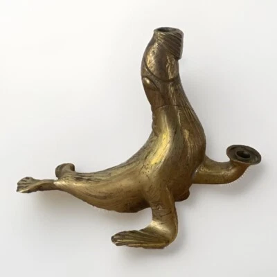 Lampe À Huile Otarie En Laiton Doré Ancienne Rare - Photo 1/4