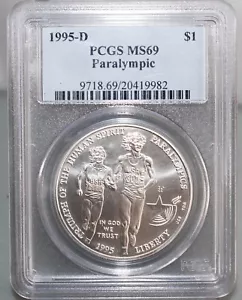 1995-D Blind Runner Paralympic BU Silver Dollar Coin Graded MS69 PCGS Certified - Picture 1 of 4