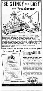 1943 Print Ad of Pennzoil Motor Oil Rube Goldberg Comic be stingy with gas