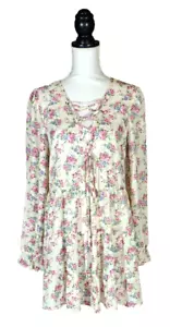 Ark & Co Blouse Womens L Ivory Floral Semi Sheer Ruffle Keyhole Tassel Boho Top - Picture 1 of 8