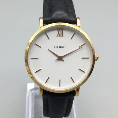 Женские часы Cluse 33 мм золотистый круглый циферблат черный кожаный ремешок новый аккумулятор - Изображение 1 из 4