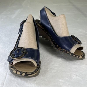 Fly London Tram Navy Blue Leather Women Size 41/10-10.5 Wedge Slingback Sandals - Picture 1 of 13