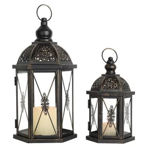 Large Lantern Decorative Outdoor & Indoor, Set of 2 (15’’&10’’) Metal Candle ... - Picture 1 of 9