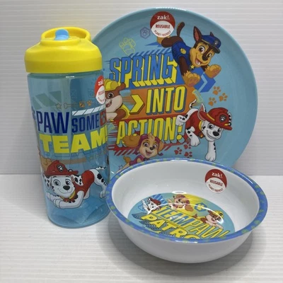 Paw Patrol Set ~ Melamine Side Plate, Melamine Bowl + Plastic Drink Bottle ~ New - image 1 of 4