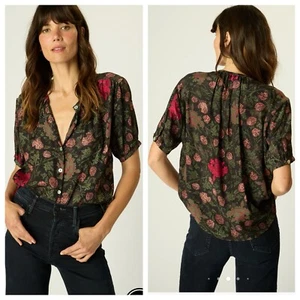 NWT Natalie Martin Violet top silk satin in Lehua Black dark floral short sleeve - Picture 1 of 17