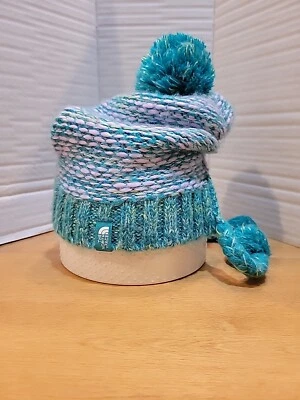 НОВЫЙ! Девочек North Face CLQ1 «Flecka» фиолетовый зеленый наушник вязаный помпон Beanie, M - Изображение 1 из 4
