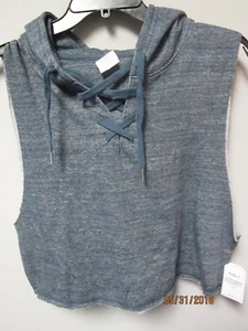Exist USA Juniors Melange Navy Cropped Lace Sleeveless Hooded Pullover Size L - Picture 1 of 3