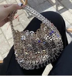 Silver Metal Disc Sequins Shiny Mirror Bag Purse Clutch Rabanne Inspo Small - Picture 1 of 6