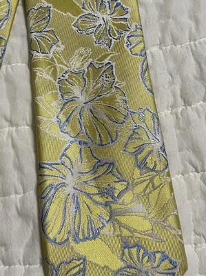 Nautica Mens Hibiscus Floral Neck Tie Yellow Blue 100% Silk Hawaiian Fun #H - Image 1 of 4
