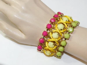 Bold Pink Green Yellow Rhinestone Wide Gold Chain Bracelet extndr K1 - Picture 1 of 6